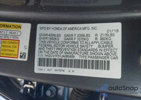 2018 Honda Accord Ex-L z USA, uszkodzony, nr VIN 1HGCV1F51JA080459